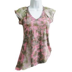 Vintage Crass Grunge Fairy Mystical Top Tie Dye V Neck Asymmetical Hem Pink Grn